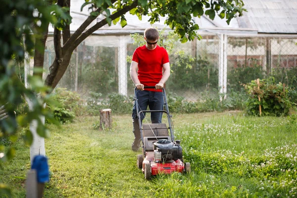 Young Man Red Shirt Sunglasses Mows Grass Grass Cutter Lawn — Stock Photo, Image