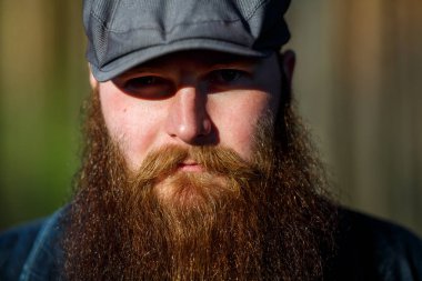 Sakallı adam. Karanlık ormanın dışında güneşli bir günde şapkalı çok uzun sakallı ciddi beyaz bir yetişkin adamın portresi.