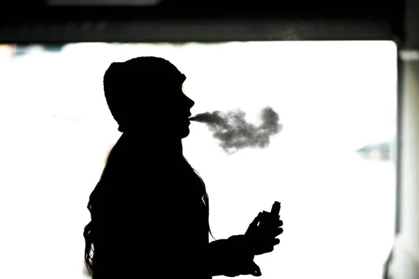 Vape Teenager Silhouette Young Girl Hat Smoking Electronic Cigarette Harmful — Stock Photo, Image