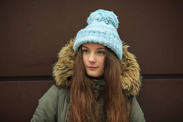 Portrait Young Pretty Caucasian Teenage Girl Blue Hat Green Jacket — Stock Photo, Image