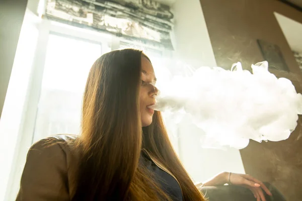 Vaping Teenager Young Pretty White Girl Smoking Electronic Cigarette Window — Stock Photo, Image