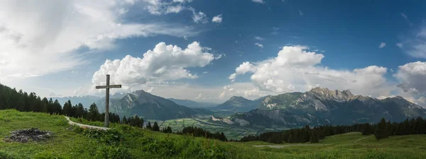 Mountain Panorama Gorgeous View Swiss Alps Valleys Summit Cross — Stock Photo, Image