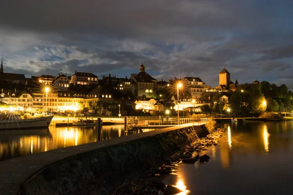 Skyline Nuit Murten Suisse Avec Port Jetée Bateau Premier Plan — Photo