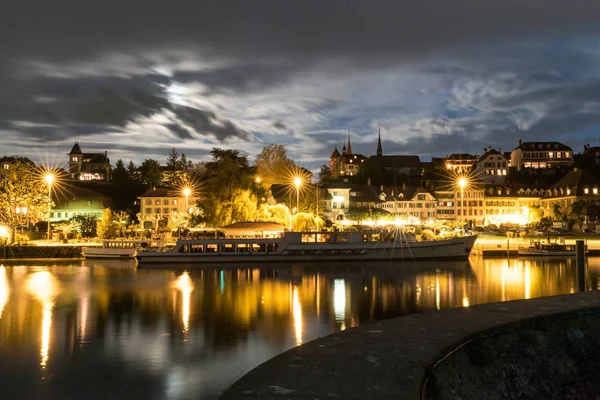 Liman Skele Planda Tekne Ile Murten Sviçre Gece Manzarası — Stok fotoğraf