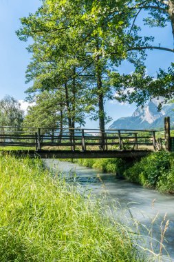 ağaçlı bir sokakta küçük bir dere üzerinde rustik eski ahşap köprü