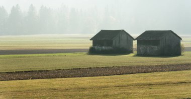 sabah sis alanları ve eski ahşap kulübeler ve orman arkasında dağ Vadisi