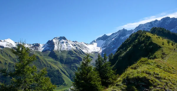 Eerste Sneeuw Vallen Hoge Groene Bergtoppen Alpen Van Zwitserland Met — Stockfoto