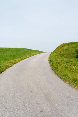 Boş bir yol boyunca yeşil çimenli omuz veya bentleri mavi gökyüzüne lider dikey bir görünümünü