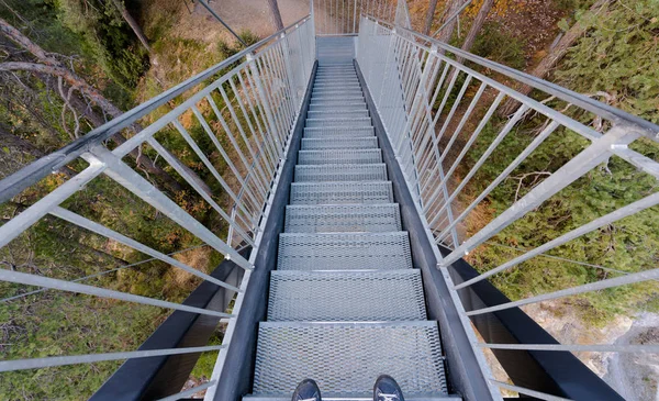 metal stairs leading into forest from a viewing platform with male feet in blue shoes in the foreground