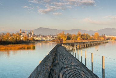 Manzaralı marsh ve lake Shore ile akşam ışık ve ön planda ahşap tahta boyunca Rapperswil şehirde