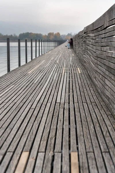 Medelålders Kvinna Läser Tidningen Bänk Långa Trä Strandpromenaden Över Zürichsjön — Stockfoto