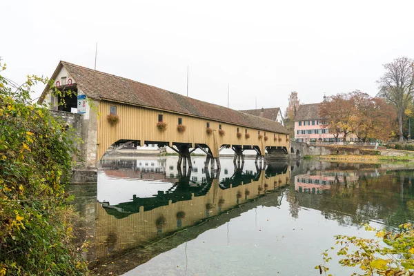 古いは Rheinau でドイツとスイス連邦共和国の国を接続するライン川を木造の有料橋をカバー — ストック写真