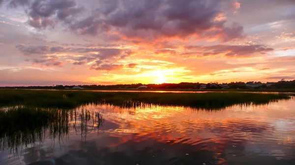 Magnifique Coucher Soleil Sur Herbe Des Marais Les Eaux Côtières — Photo