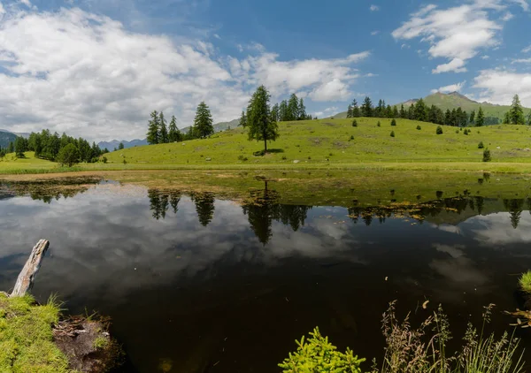 idyllic Lai Nair black mountain lake in the lower Engadine Valley in the Alps of Switzerland with green fields and forest under a blue sky in high summer