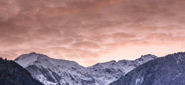 Панорама Зимний Горный Ландшафт Лесами Осенние Цвета Заснеженные Горные Вершины — стоковое фото
