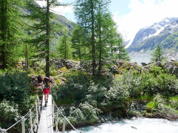 mountain climber hikes over a wooden bridge and mountain river on his way to base camp in the Alps of Switzerland