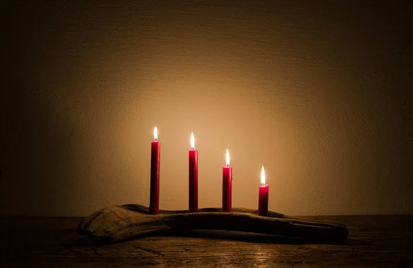Advent Calendar Candles Burning Bright Natural Piece Art Made Driftwood — Stock Photo, Image