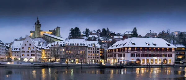 Sungai Rhine Dan Kota Schaffhausen Swiss Dengan Kastil Munot Saat — Stok Foto