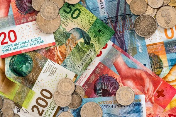 Vue Rapprochée Des Pièces Billets Banque Francs Suisses Différentes Coupures — Photo