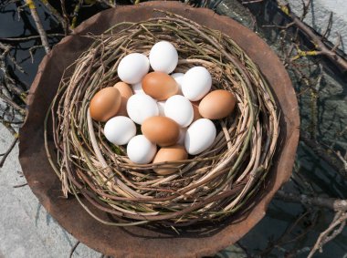 Paskalya yumurta sepeti ile köy çeşmeler üzerinde Paskalya tatili için şenlikli süslemeleri