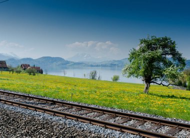 göl ve dağlar ve tren rayları ile bahar manzara
