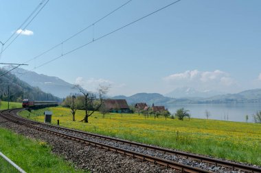 Oberwil, Zg / Swtzerland - 20 Nisan 2019: İsviçre'nin orta kesimindeki Zugersee gölü boyunca hızla giden bir tren