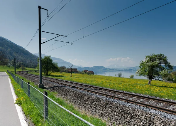 göl ve dağlar ve tren rayları ile bahar manzara