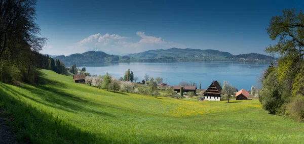 Idylická horská krajina na švýcarském venkově se farmami jezero a memoranda o porozumění — Stock fotografie