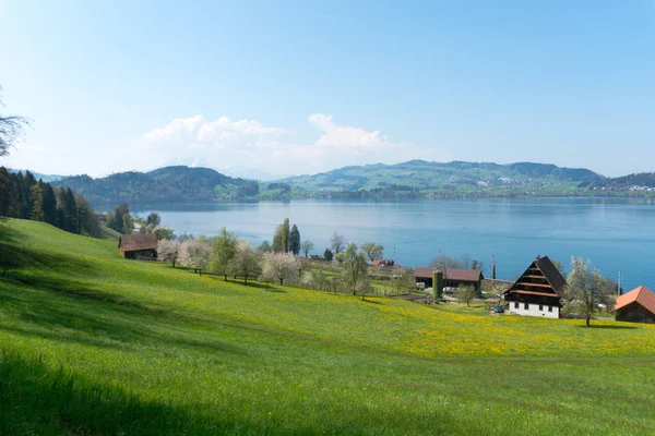 Paysage de montagne idyllique pays suisse avec fermes lac et mou — Photo