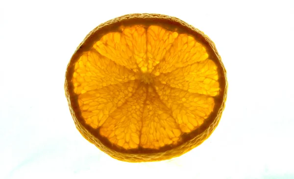 Nahaufnahme Einer Isolierten Und Hinterleuchteten Mandarinenfruchtscheibe Auf Hellem Weißen Hintergrund — Stockfoto