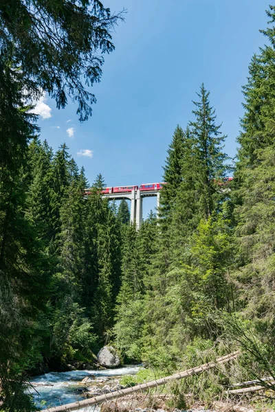 Tren de ancho estrecho cruza un largo viaducto a través de un profundo cañón i — Foto de Stock