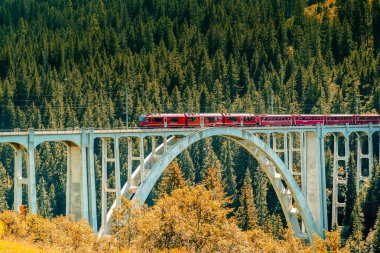 Kırmızı tren swi derin bir Ravine boyunca uzun bir viyadük geçer
