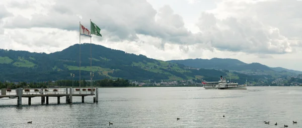 Utas gőzhajó elhagyja Rapperswil Harbor a Zürichi-tó — Stock Fotó