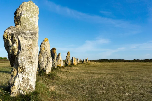 De staande stenen alignementen van Lagatjar in Bretagne in zachte m — Stockfoto