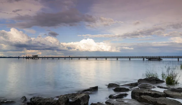 Une Vue Sur Lac Constance Avec Jetée Altnau Soirée — Photo