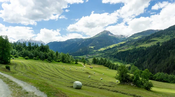 Uitzicht Een Berglandschap Met Boerderijvelden Hooibalen Zwitserse Alpen Boven Andeer — Stockfoto