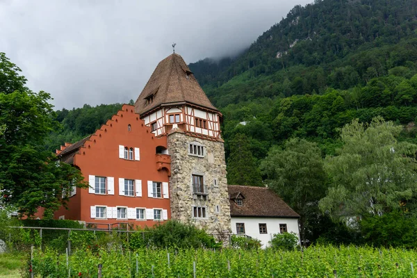 Vaduz リヒテンシュタイン 2020年6月16日 リヒテンシュタインの歴史的な13世紀の赤い家の水平方向の景色 — ストック写真