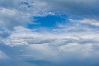 mavi gökyüzünün anlamlı yatay arkaplanı ve kopyalama alanı ile beyaz ve gri bulutlu