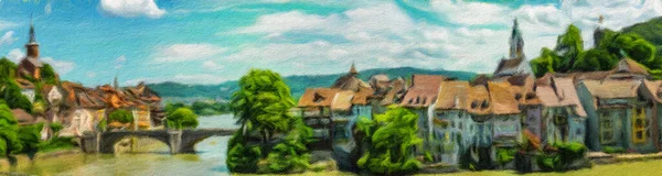 Panorama Digital Oil Painting Historic Picturesque Border Town Laufenburg Switzerland — Stock Photo, Image