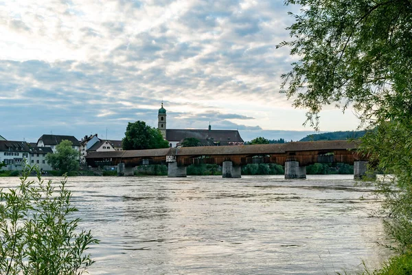 Kilátás Festői Bad Saeckingen Dél Németországban Történelmi Fedett Híd — Stock Fotó