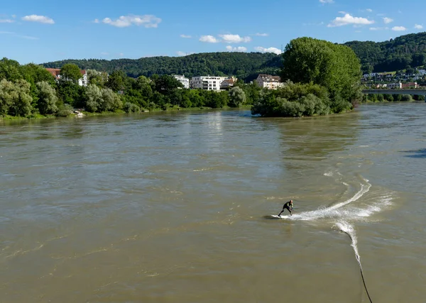 Bad Saeckingen Germany July 2020 Athletic Man Surfing Rhine River — Stock Photo, Image