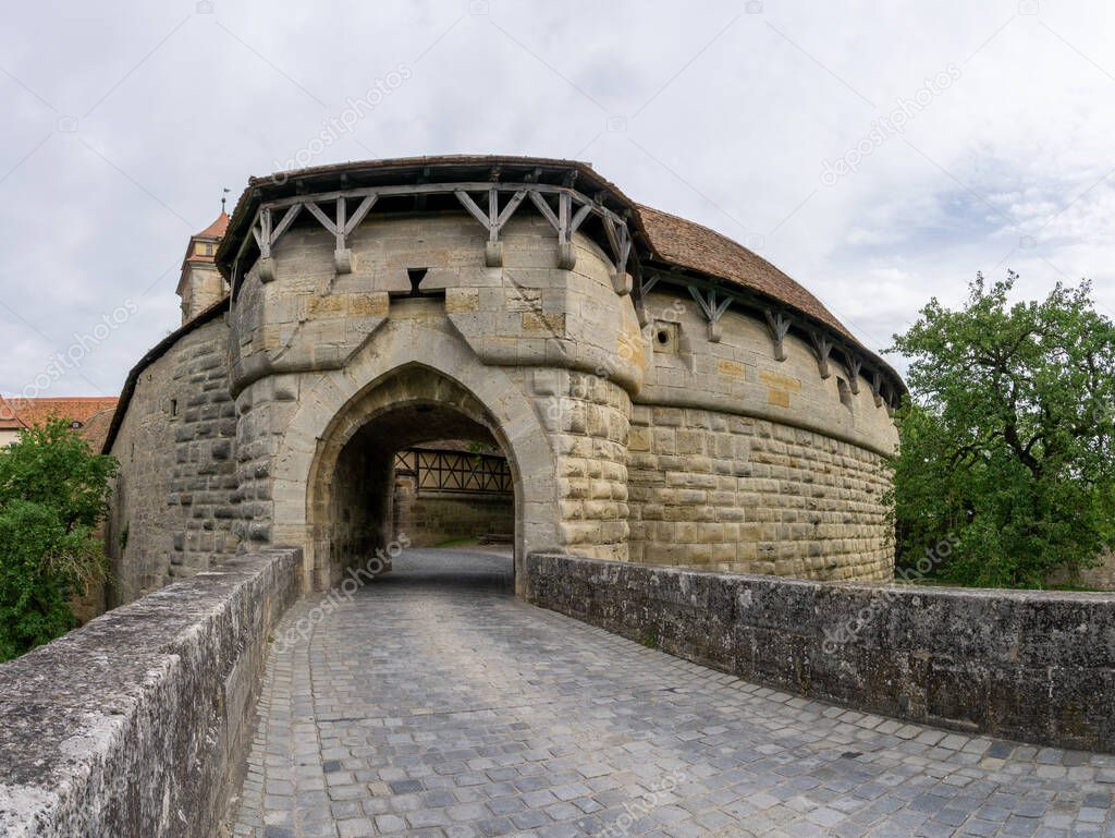 A view of the historic Spital Bastion city gate and guard tower in Rothenburg ob der Tauber