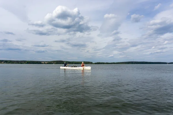 Wesenberg Germany August 2020 Couple Paddling Canoe Lake Woblitz — Stock Photo, Image