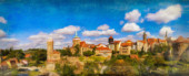 Ein digitales Kunst-Ölgemälde einer Stadtpanorama-Ansicht der Altstadt von Bautzen in Sachsen