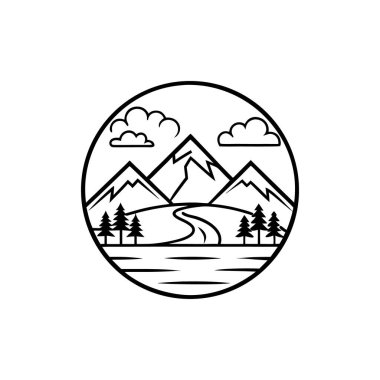 Nehir ve dağ ikonu. Beyaz arkaplanda izole edilmiş orman vektör simgesinin siyah çizimi.