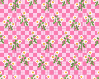 Beyaz çiçek yapraksız desen ve pembe kareli arkaplan