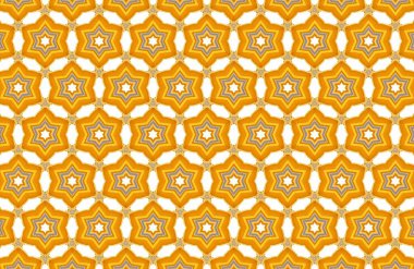 Ilık sarı ve turuncu renkli altı köşeli yıldızların tekrarlayan kaleydoskopik desenli canlı geometrik tasarımı kusursuz soyut dokular için