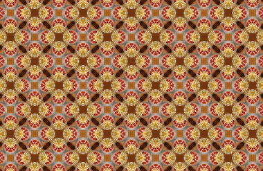 Karmaşık simetrik dairesel motifleri olan zarif, pürüzsüz bir desen. Sıcak altın, turuncu ve kahverengi renkler sofistike bir dekoratif zemin oluşturur.