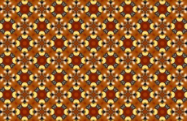 Tekrar eden karmaşık çiçek motifleri ve sıcak toprak tonlarıyla soyut geometrik desen çeşitli uygulamalar için görsel olarak zengin ve dekoratif bir tasarım yaratıyor.