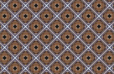 Sıcak toprak tonlarında simetrik tesselleştirilmiş kareler ve elmaslar içeren karmaşık bir geometrik desen karmaşık bir soyut arkaplan oluşturur.